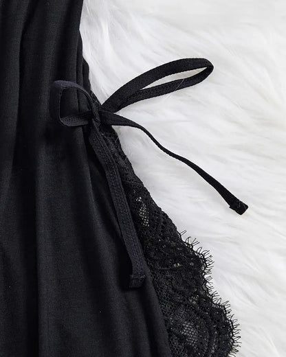 Sexy Bow Decorated Contrast Lace Suspender Nightdress Nightdress and Thong Set