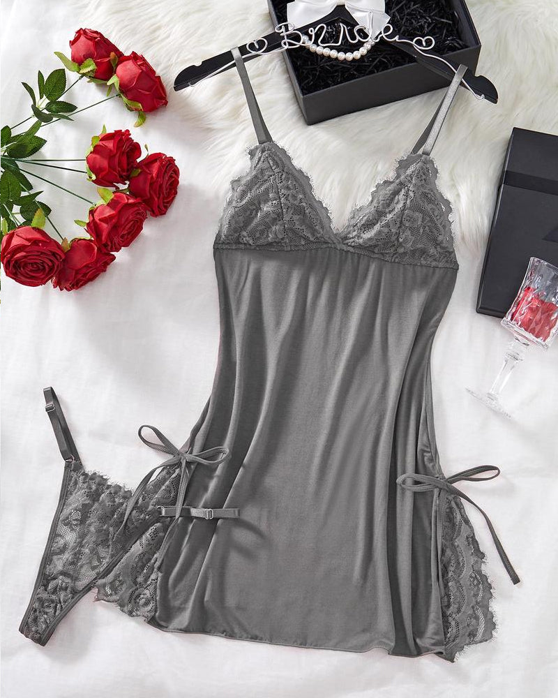 Sexy Bow Decorated Contrast Lace Suspender Nightdress Nightdress and Thong Set