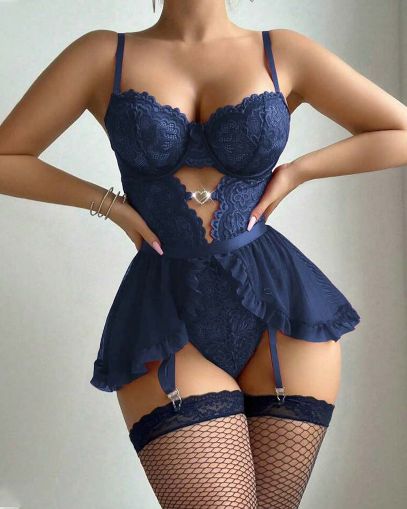 Sexy Lace Hollow Heart-Shaped Decoration Detachable Waist Seal One-Piece Pajamas Two-Piece Set