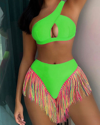 Women's Solid Fringe Hem Bikini Swimsuit