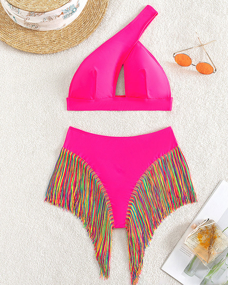 Women's Solid Fringe Hem Bikini Swimsuit