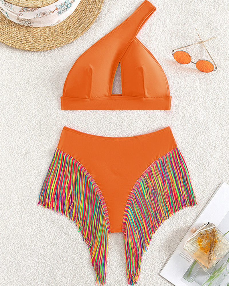 Women's Solid Fringe Hem Bikini Swimsuit
