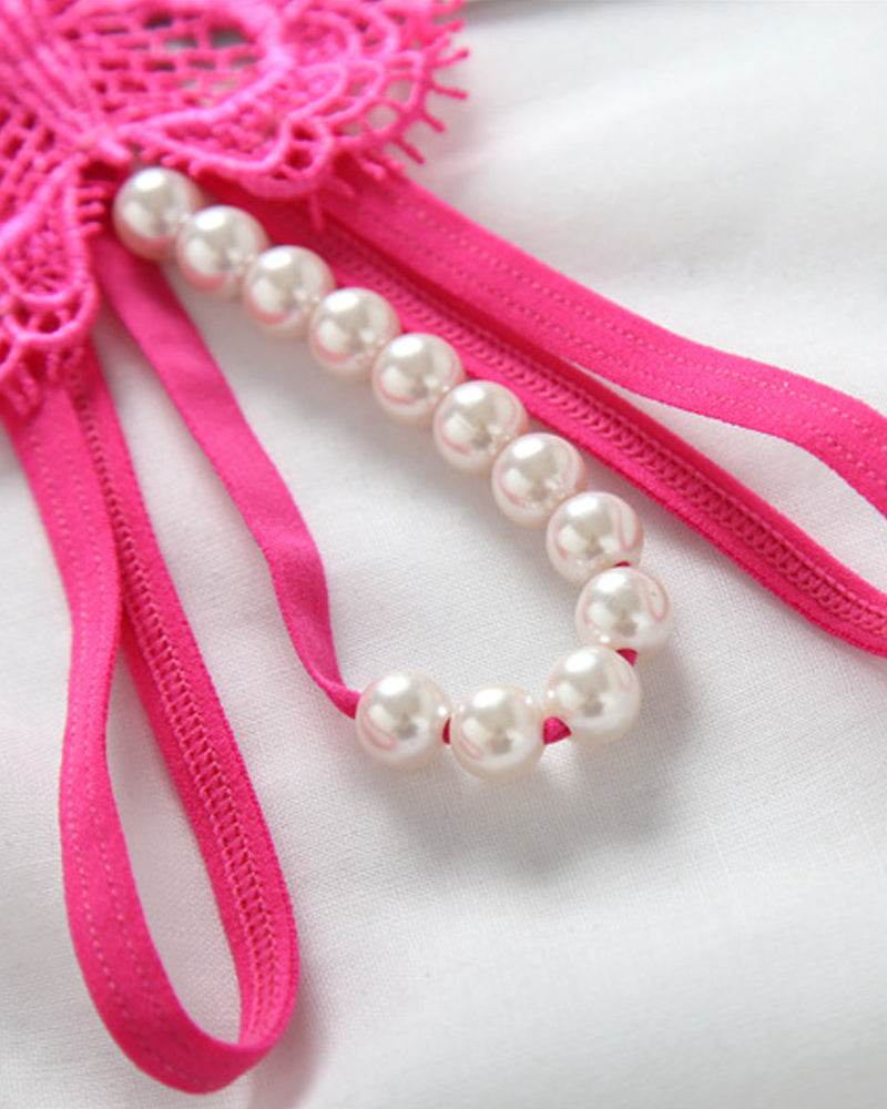 Sexy Lace Embroidery Crotchless Pearl Thong