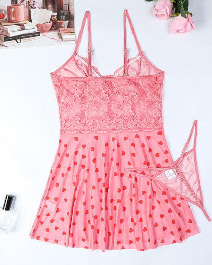 Sexy Lace See-Through Heart Print Camisole Nightdress and Thong Set