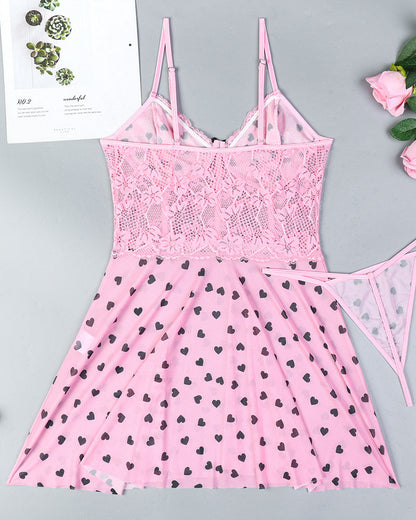 Sexy Lace See-Through Heart Print Camisole Nightdress and Thong Set