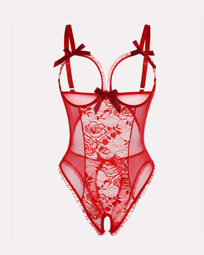 Sexy Flower Lace Mesh Stitching Chest Hollow Open Crotch One-Piece Pajamas