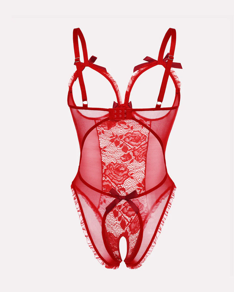 Sexy Flower Lace Mesh Stitching Chest Hollow Open Crotch One-Piece Pajamas