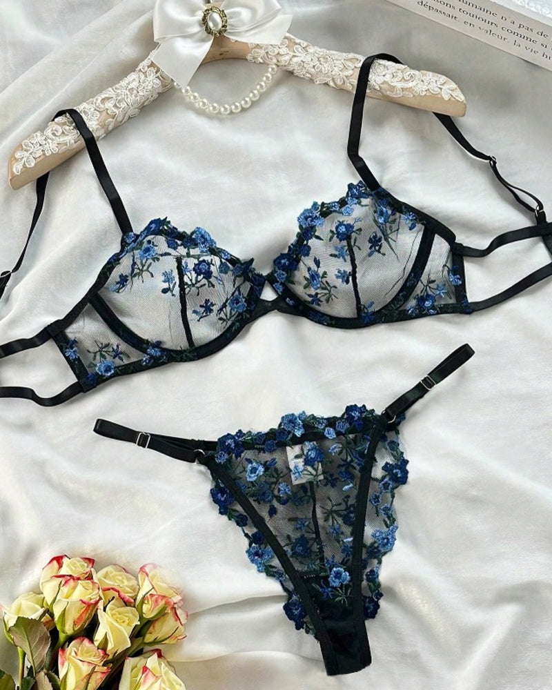 Lace Flower Embroidery Sexy Lingerie Set