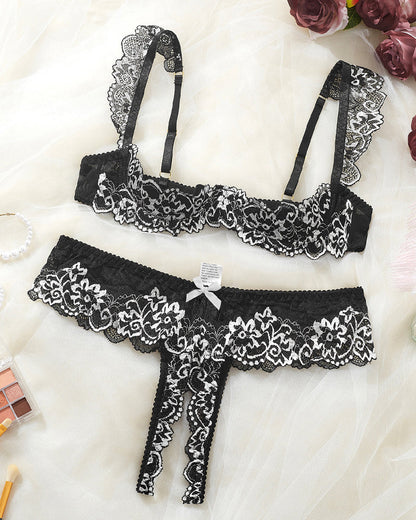 Sexy Lace Mesh Open Crotch Hollow Bra Underwear Set