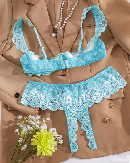 Sexy Lace Mesh Open Crotch Hollow Bra Underwear Set