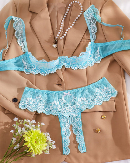 Sexy Lace Mesh Open Crotch Hollow Bra Underwear Set