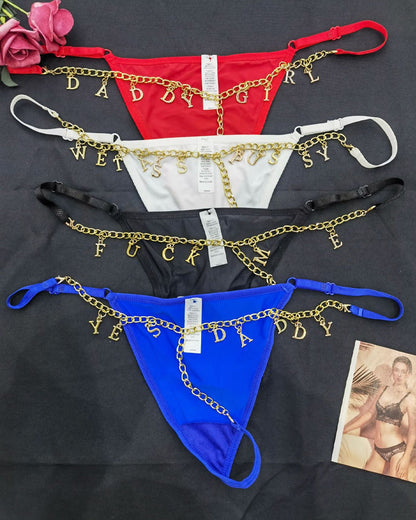 Sexy Gold Rhinestone Letter Chain Thongs