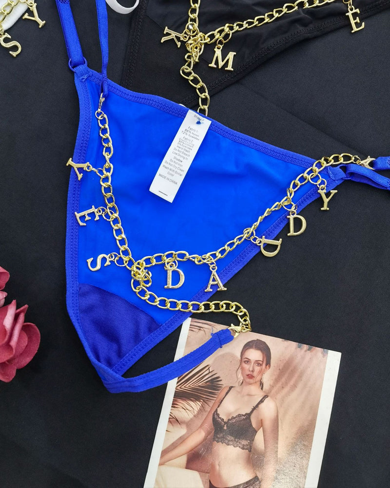 Sexy Gold Rhinestone Letter Chain Thongs