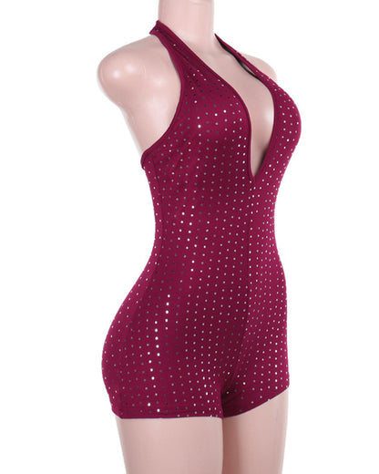 Sexy Slim Fit Deep V Jumpsuit with Rhinestones