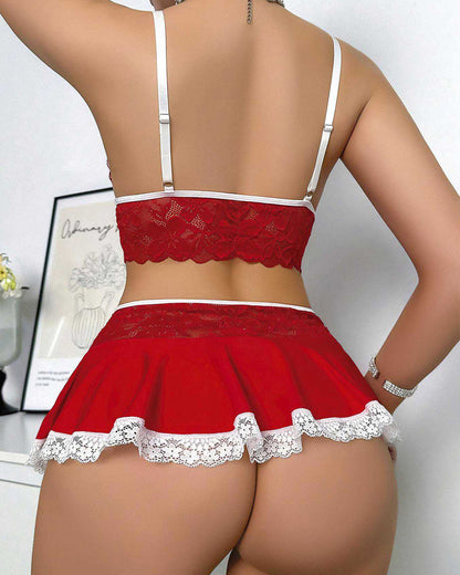 Deep V Sexy Lace Milk Silk Splicing with Stockings Pajamas Set