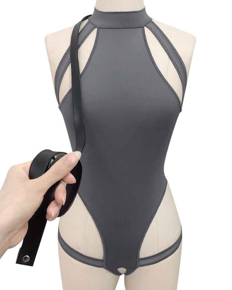 Sexy Halterneck Open-crotch Bodysuit with Stockings and Leash