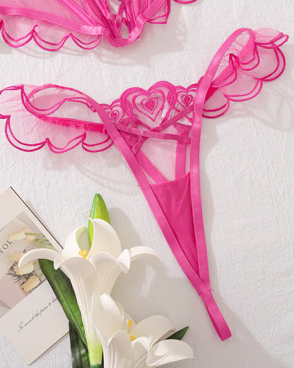 Heart Embroidered See-Through Cross Strap Sexy Shaping Underwear Set