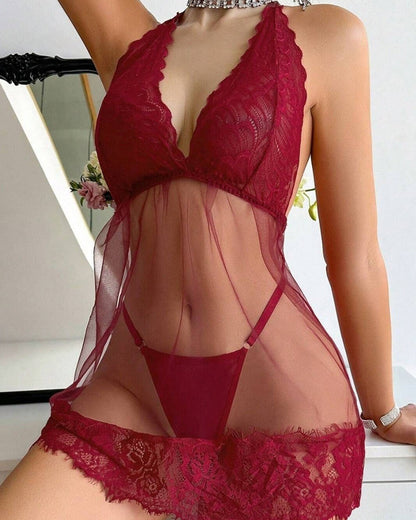 Sexy Deep V See-Through Mesh Lace Halter Neck Nightdress Set