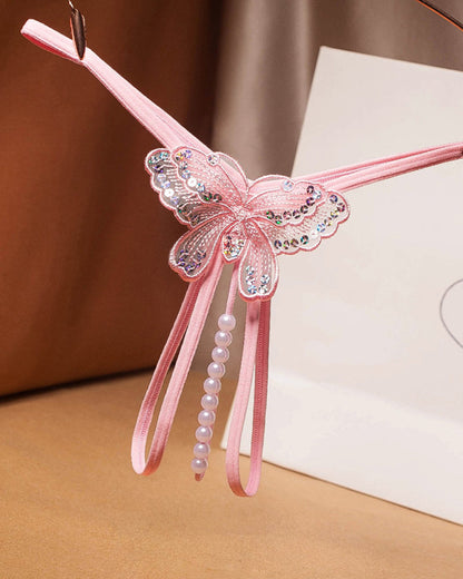 Sexy Sequin Butterfly Embroidered Open Crotch Massage Pearl Thong