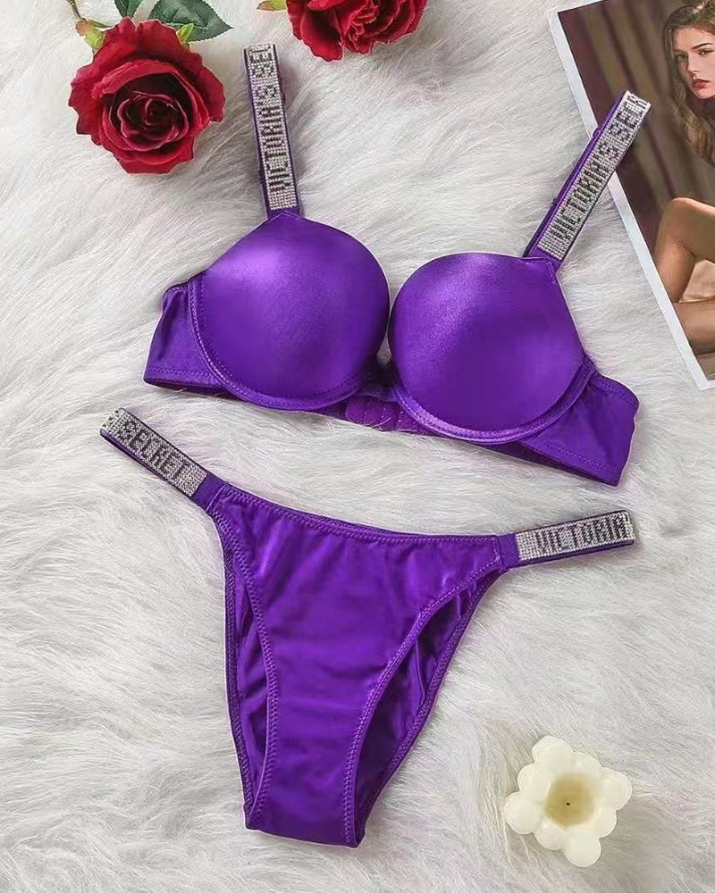 Sparkling Diamond Wide Strap Letter Rhinestone Sexy Push-Up Bra Set