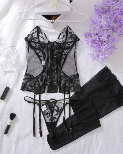 Embroidered Floral See-Through Sexy Hollow Strap Body Shaping Underwear Two-Piece Set with Stockings