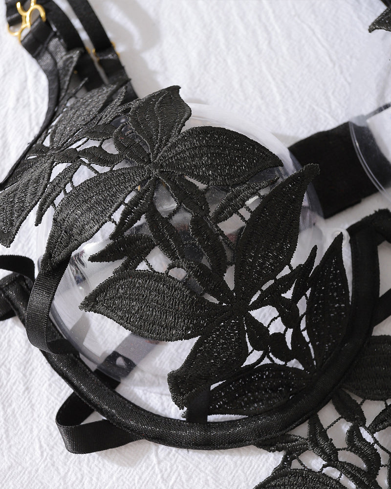 Sexy Floral Embroidery Hollow Heavy Craft Chain Bracelet Shaping Bodysuit Set
