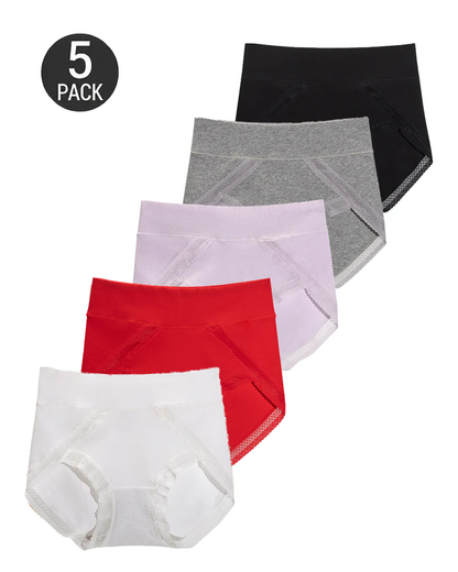 5-Pack Pure Cotton Lace Trim Breathable Tummy Control Panties