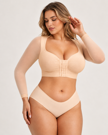 Front‑Closure U‑Shape Compression Built‑In Bra Long Sleeve Mesh Top
