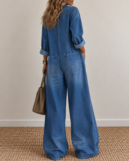 Sexy Button-Front Denim Shirt Loose Wide-Leg Jumpsuit