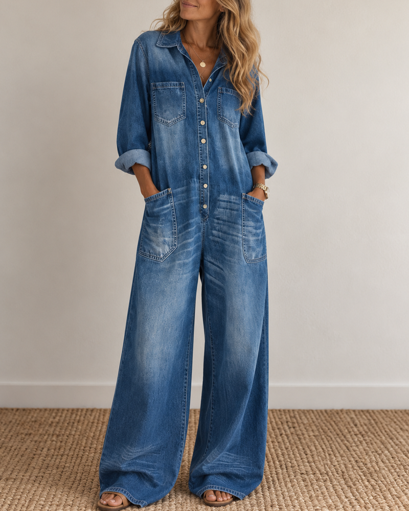 Sexy Button-Front Denim Shirt Loose Wide-Leg Jumpsuit