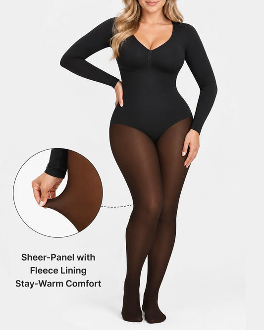 Sheer-Panel Fleece-Lined Tummy Control & Butt Lift Bodysuit