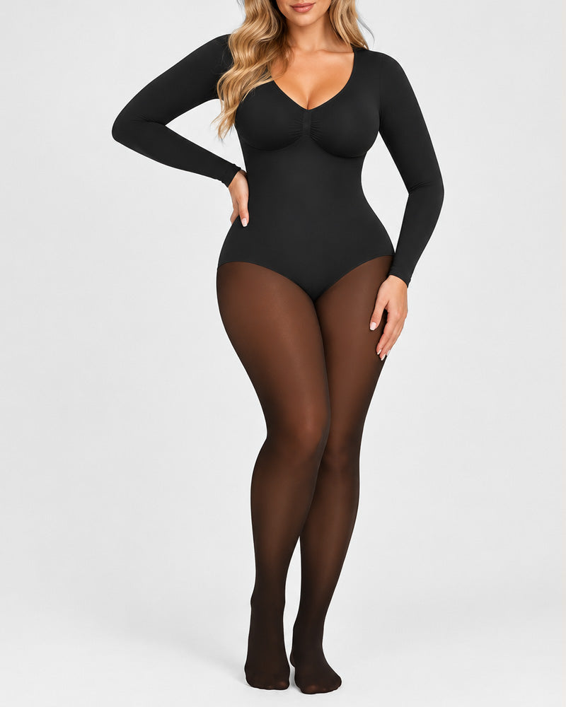 Sheer-Panel Fleece-Lined Tummy Control & Butt Lift Bodysuit