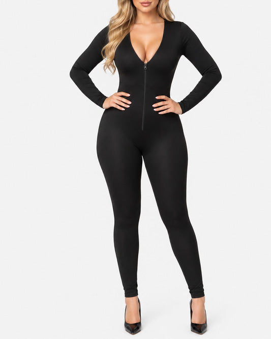 Deep V Front Zipper High Stretch Tummy Control Butt Lifter Long Sleeve Shaping Jumpsuit