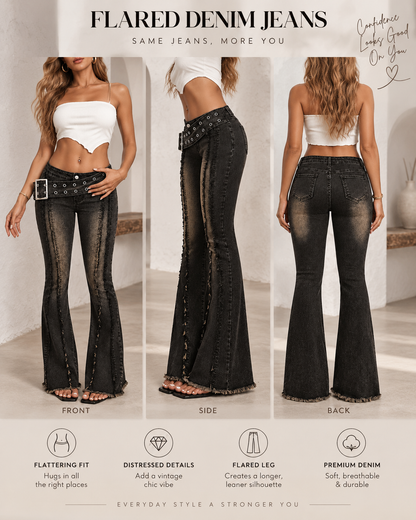Women's Low-Rise Stretch With Wide Belt Washed Flared Jeans