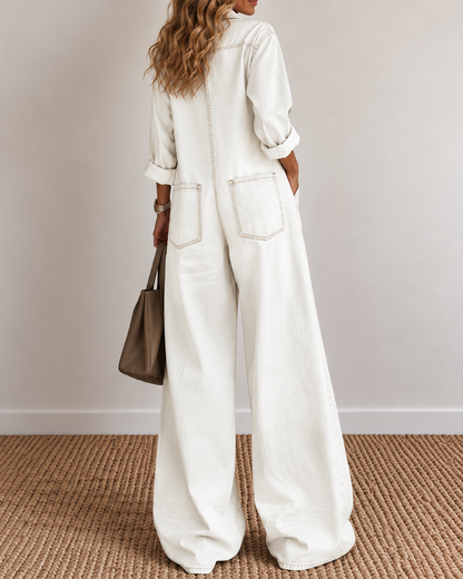 Sexy Button-Front Denim Shirt Loose Wide-Leg Jumpsuit