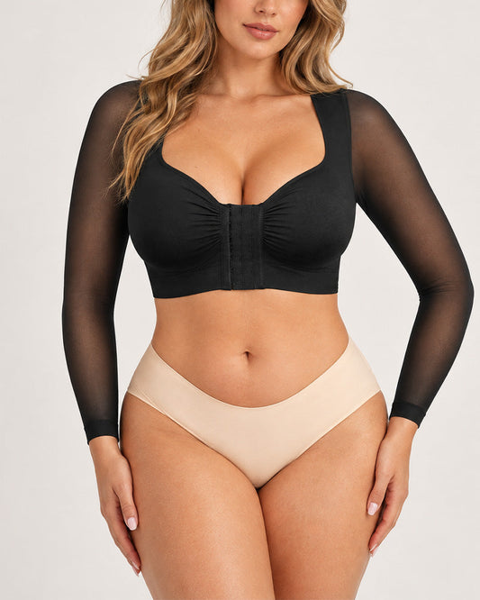 Front‑Closure U‑Shape Compression Built‑In Bra Long Sleeve Mesh Top