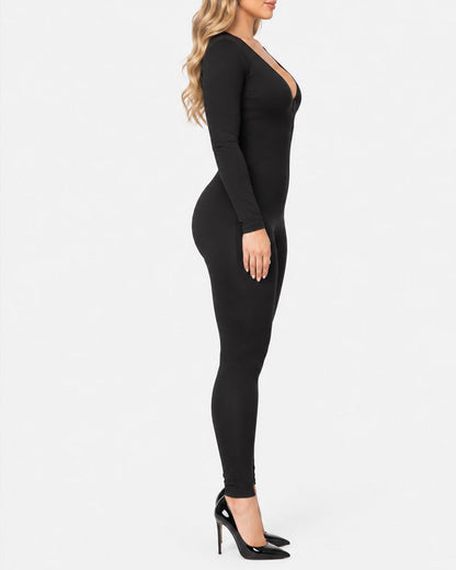 Deep V Front Zipper High Stretch Tummy Control Butt Lifter Long Sleeve Shaping Jumpsuit