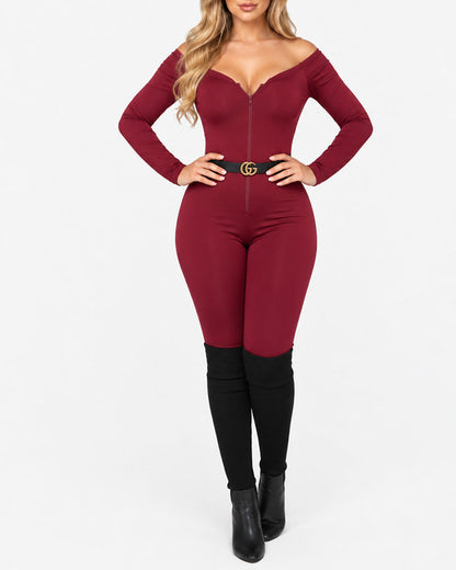 Deep V Front Zipper High Stretch Tummy Control Butt Lifter Long Sleeve Shaping Jumpsuit