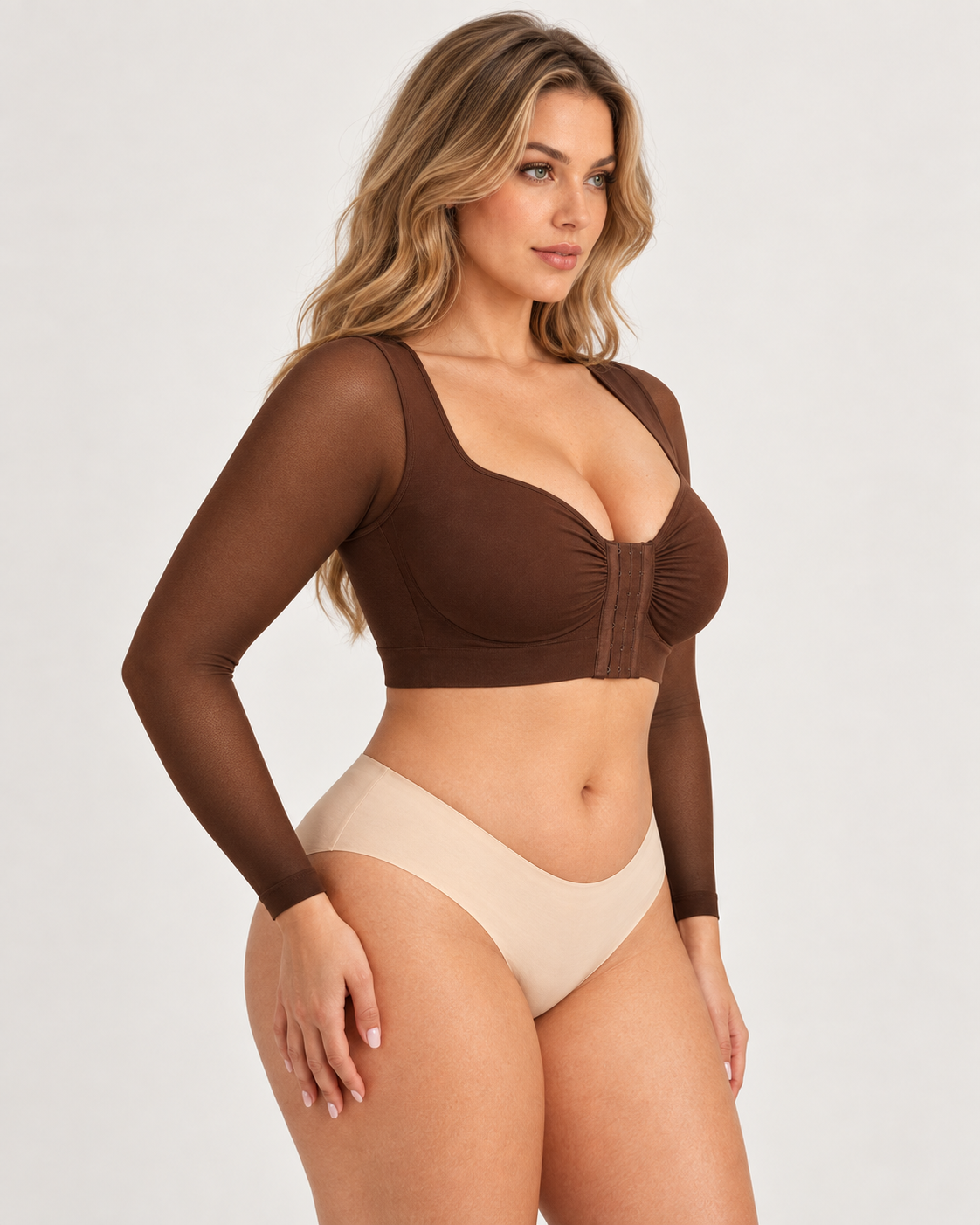 Front‑Closure U‑Shape Compression Built‑In Bra Long Sleeve Mesh Top