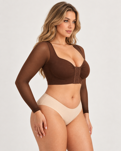 Front‑Closure U‑Shape Compression Built‑In Bra Long Sleeve Mesh Top
