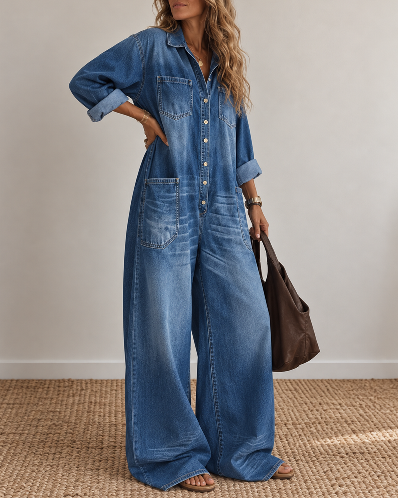 Sexy Button-Front Denim Shirt Loose Wide-Leg Jumpsuit
