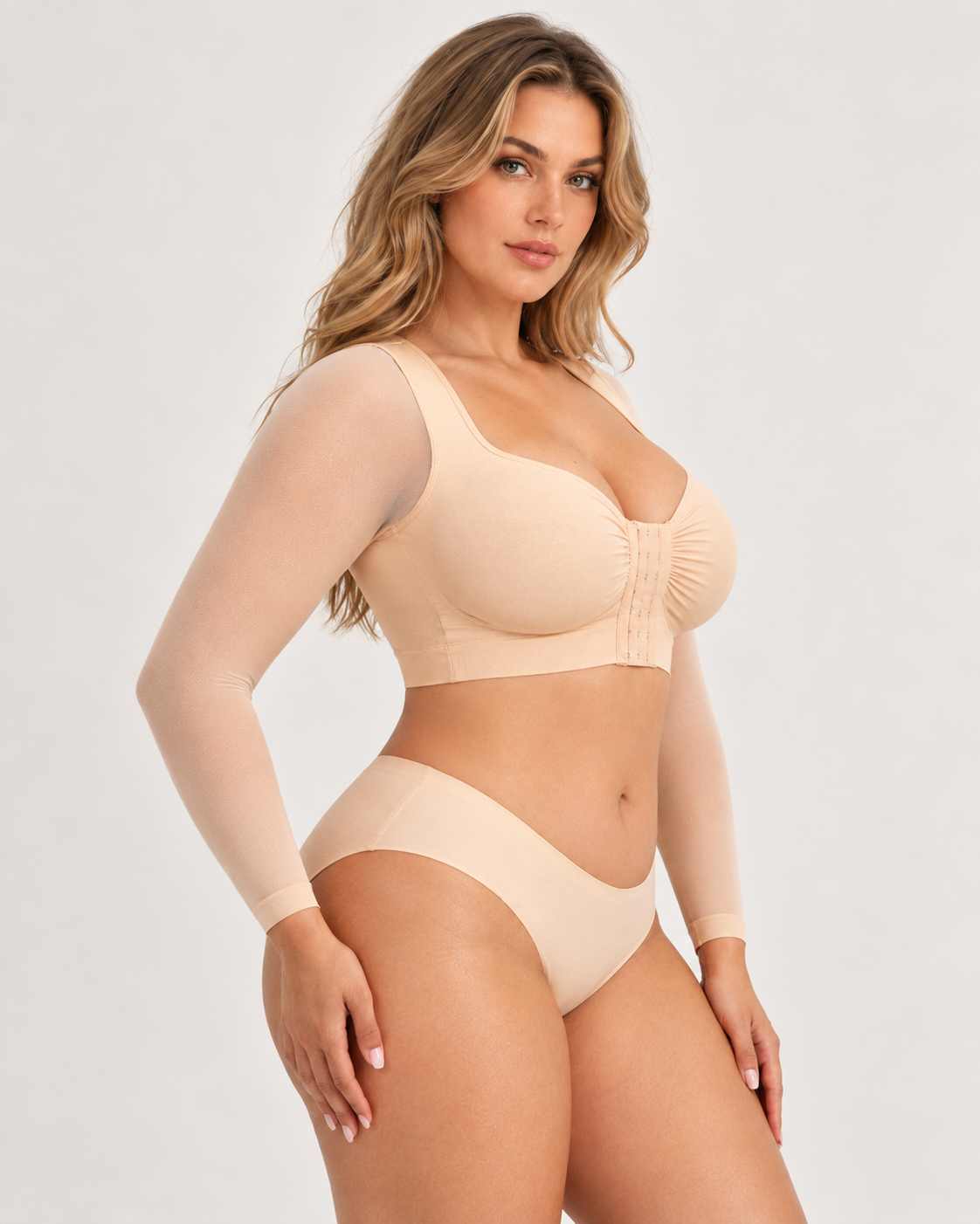 Front‑Closure U‑Shape Compression Built‑In Bra Long Sleeve Mesh Top