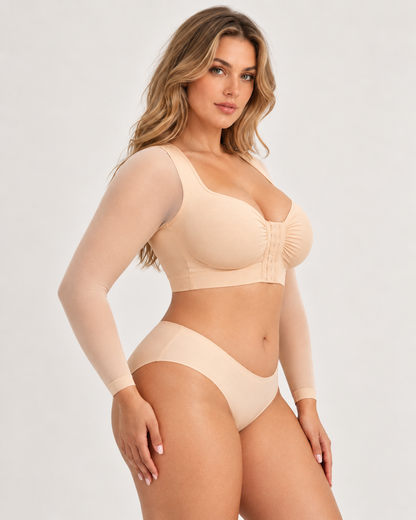 Front‑Closure U‑Shape Compression Built‑In Bra Long Sleeve Mesh Top
