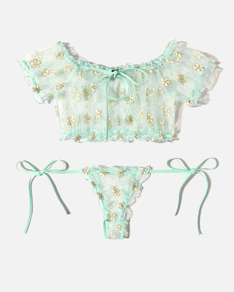 Floral Mesh Ruffle Lingerie Set