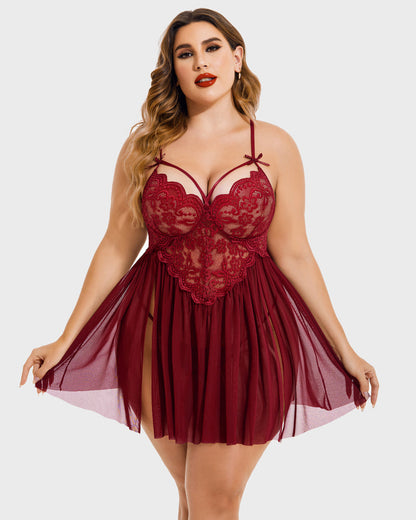 Plus Size Heart Lace Side Slit Nightdress