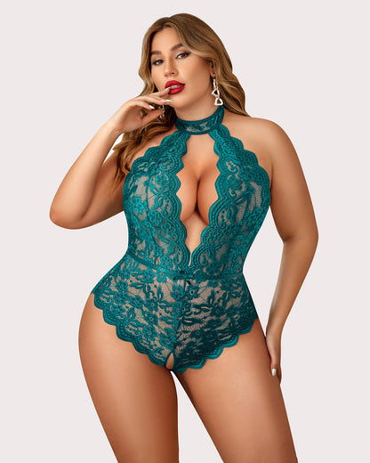 Plus Size Lace Halter Teddy