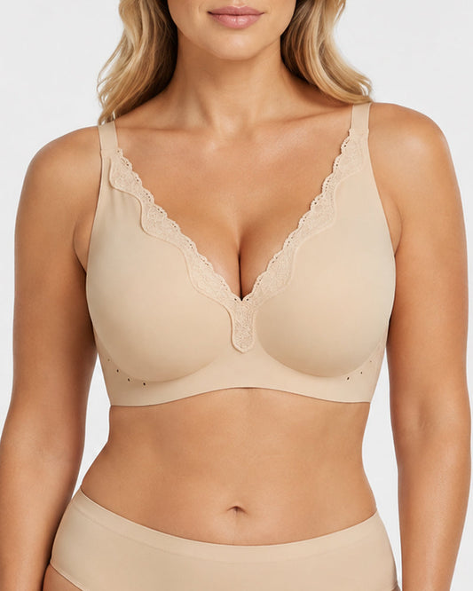 Plus Size Deep V Seamless Lace Trim Comfortable Push Up Bra