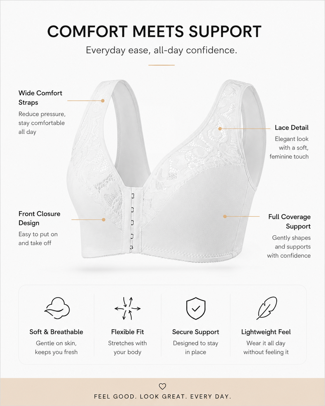 2-Pack Deep V Front Closure Lace Trim Vest Bra
