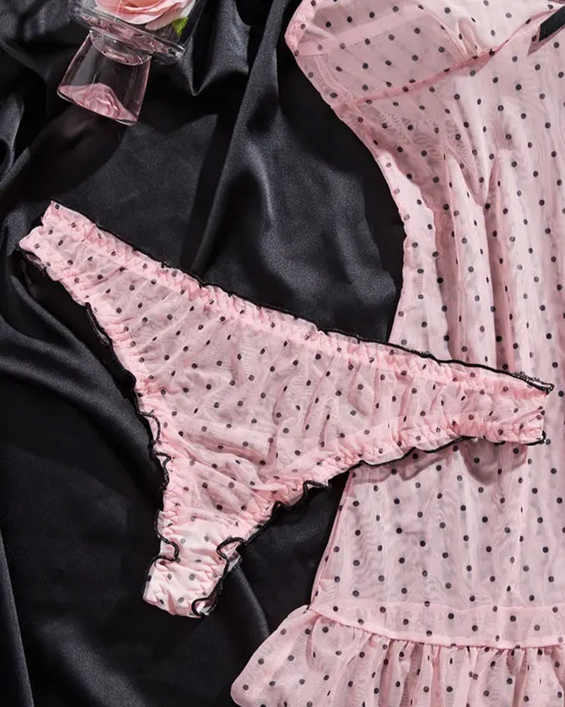 Sexy V-neck Polka Dot Print Semi-transparent Suspender Nightdress Set