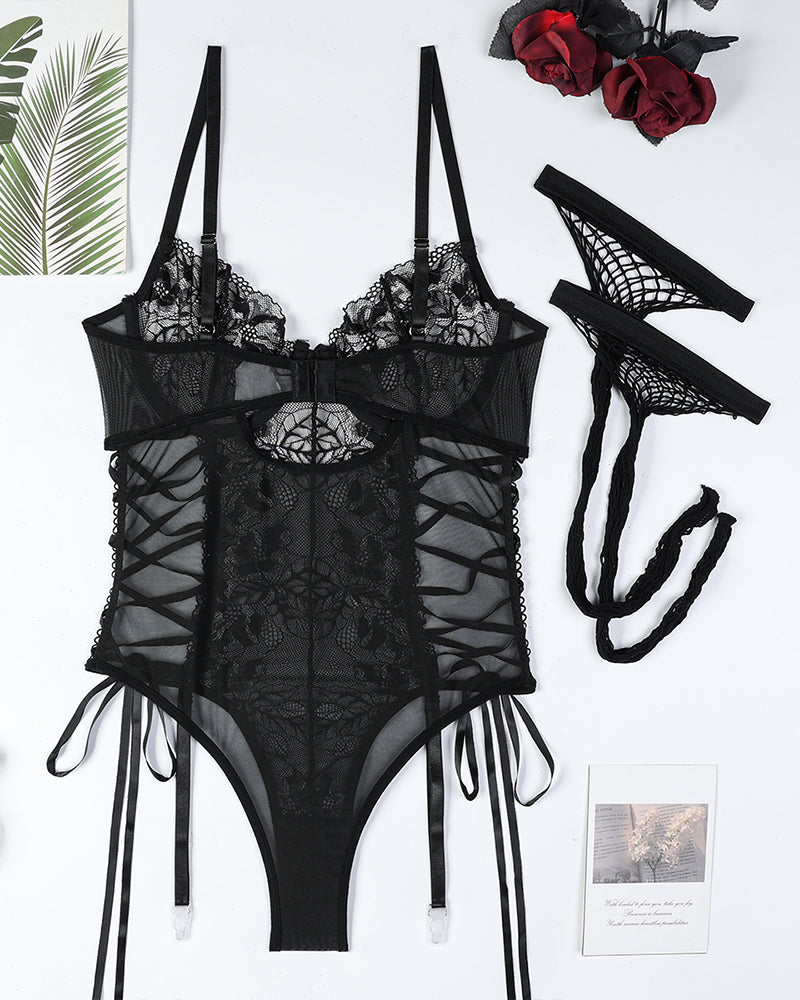Criss Side Tie Sheer Floral Lace Bodysuits